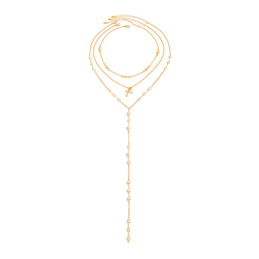 Pearl and Goldtone Cross Pendant Drop Necklace Set, gold pendant necklace for women, vintage-inspired design, front view