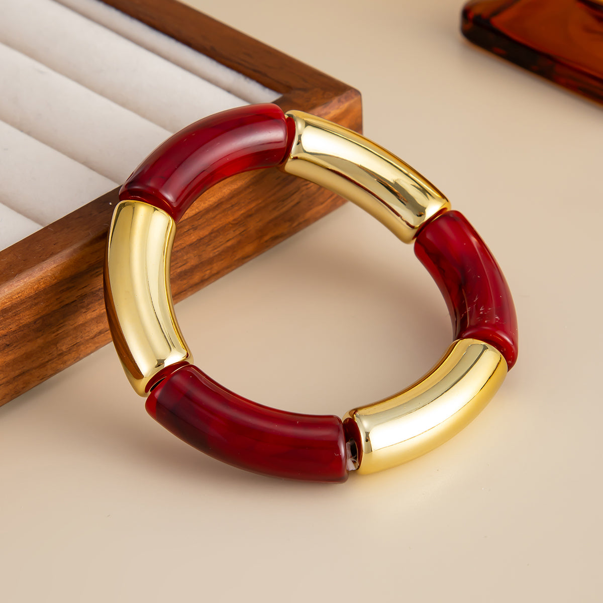 Wine Red Resin and Goldtone Joint Stretch Bracelet, elegant gift for her, side view