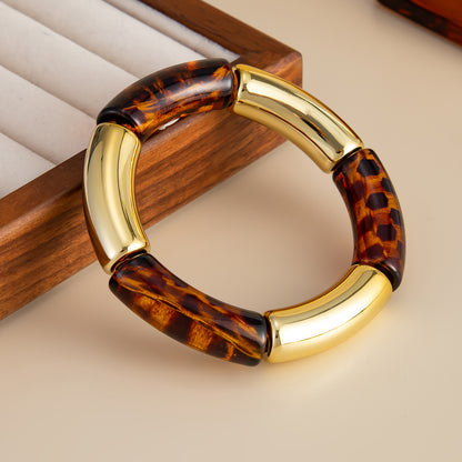 Amber Resin and Goldtone Leopard Print Joint Stretch Bracelet, elegant gift for her, side view