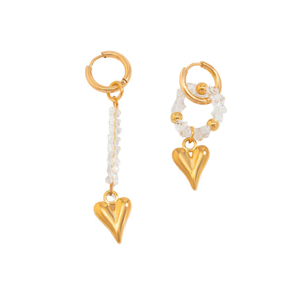Clear Acrylic and Goldtone Mismatching Heart Dangle Earrings, dainty minimalist design, front view