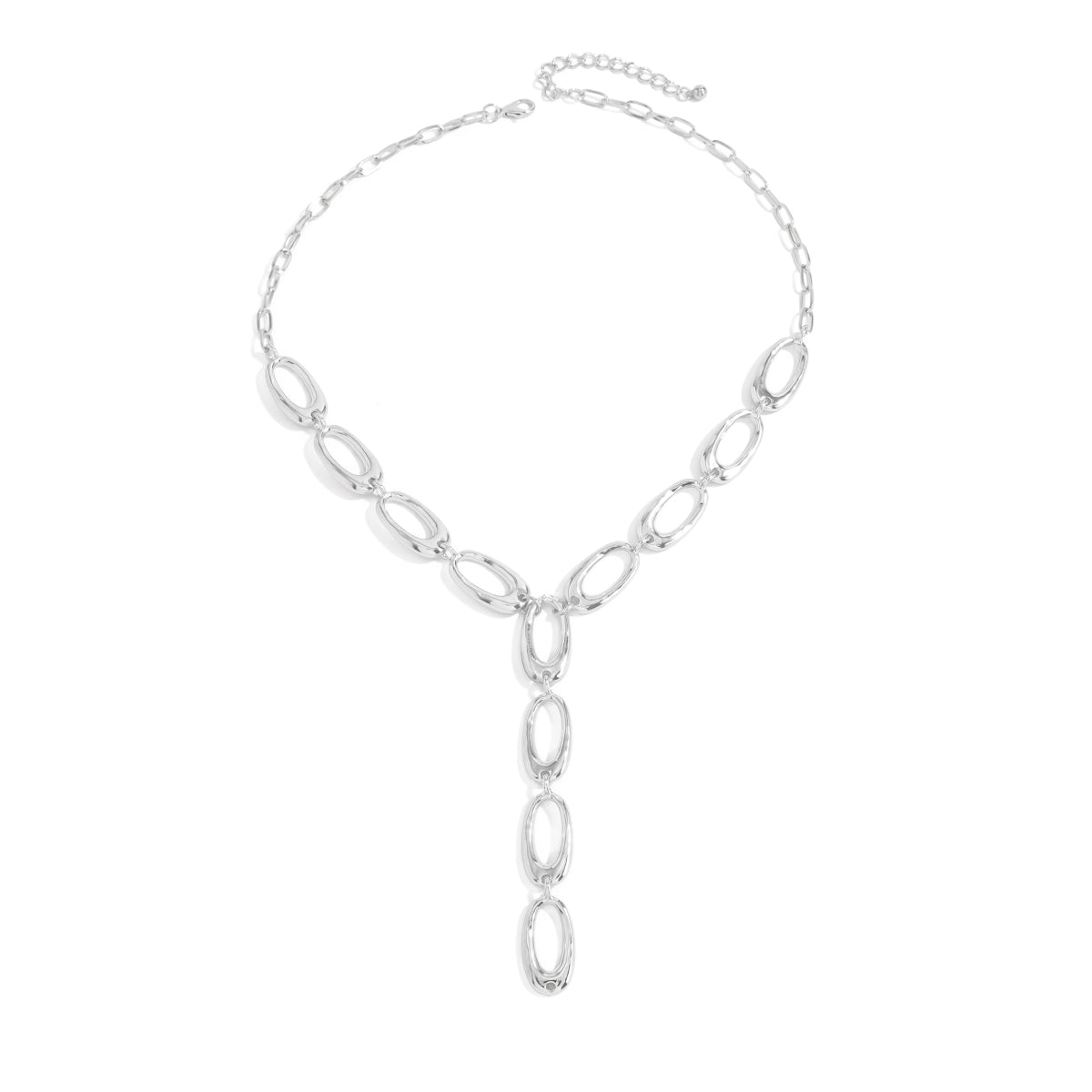 Silvertone Open Oval Drop Necklace, dainty minimalist design, front view