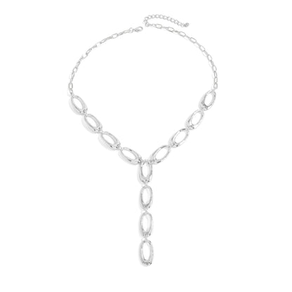 Silvertone Open Oval Drop Necklace, dainty minimalist design, front view