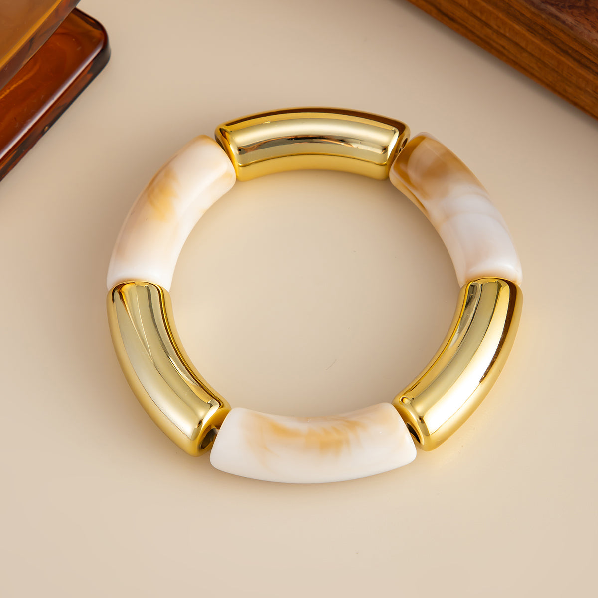 Beige Resin and Goldtone Joint Stretch Bracelet, vintage-inspired design, detail close-up