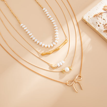 Baroque Pearl & Goldone Bar Heart Bow Pendant Necklace Set