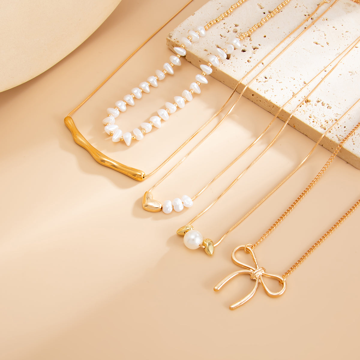 Baroque Pearl & Goldone Bar Heart Bow Pendant Necklace Set