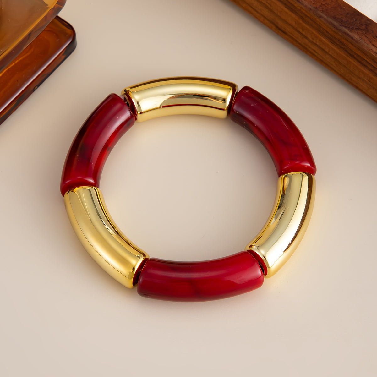 Wine Red Resin and Goldtone Joint Stretch Bracelet, elegant gift for her, detail close-up