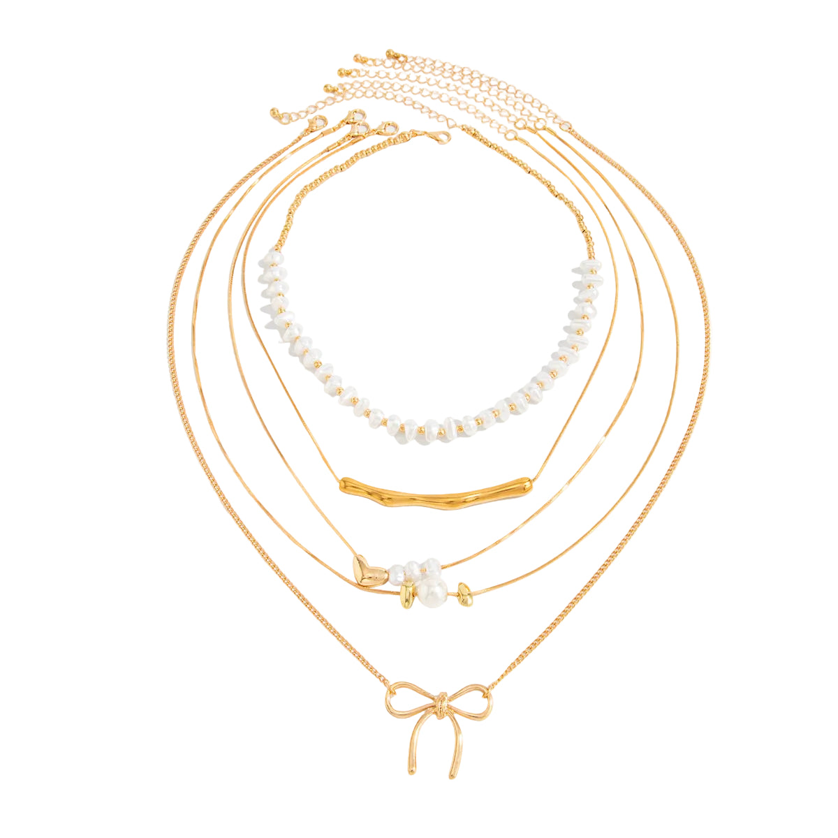 Baroque Pearl & Goldone Bar Heart Bow Pendant Necklace Set