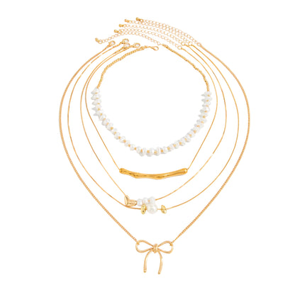 Baroque Pearl & Goldone Bar Heart Bow Pendant Necklace Set