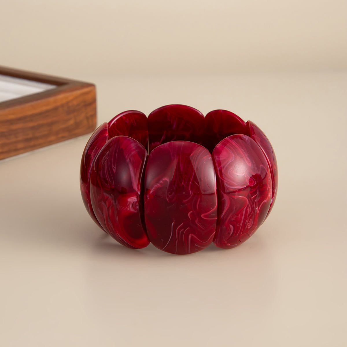 Dark Red Resin Petals Stretch Bracelet, botanical inspired, side view