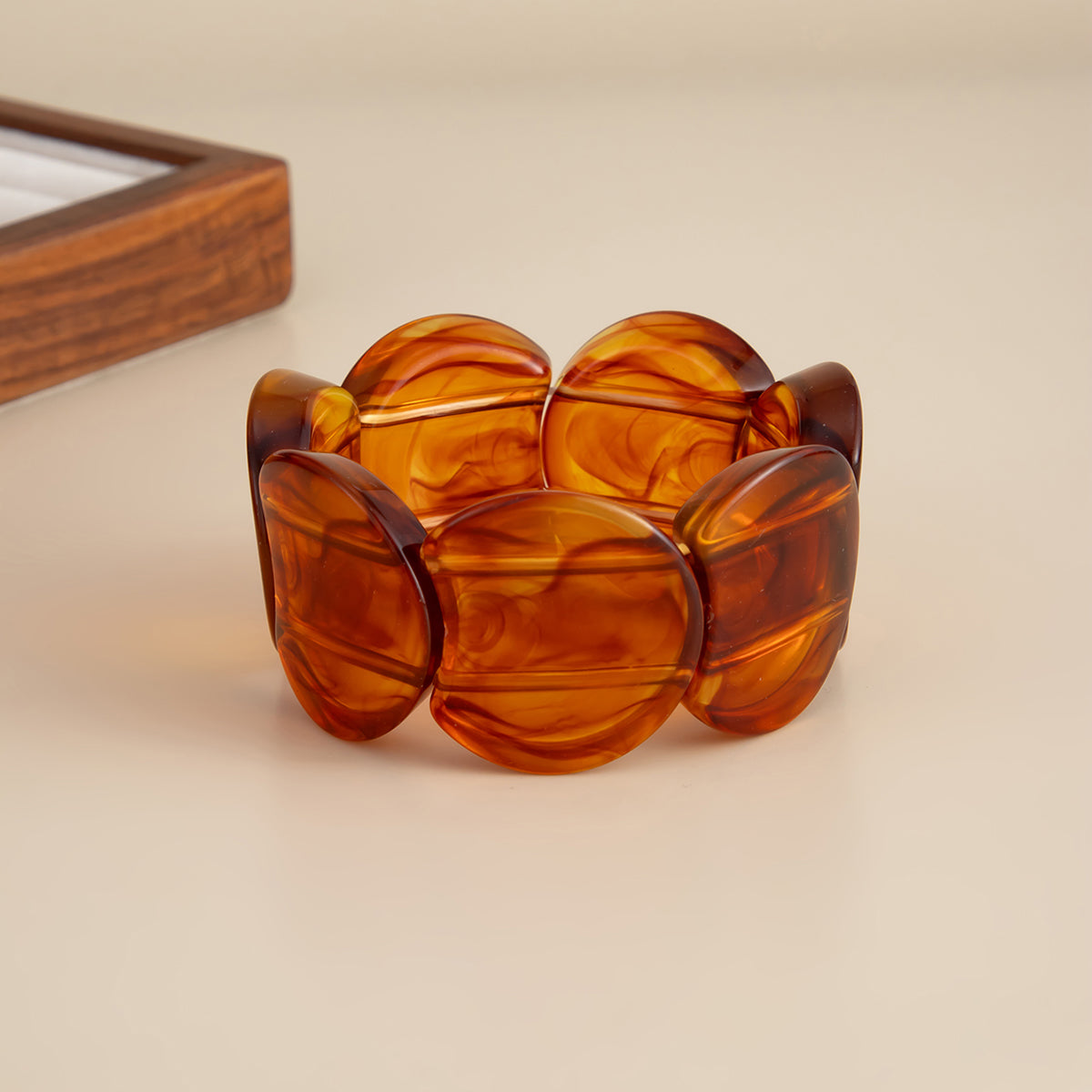 Dark Coffee Resin Notched Circular Stretch Bracelet, dainty minimalist design, side view