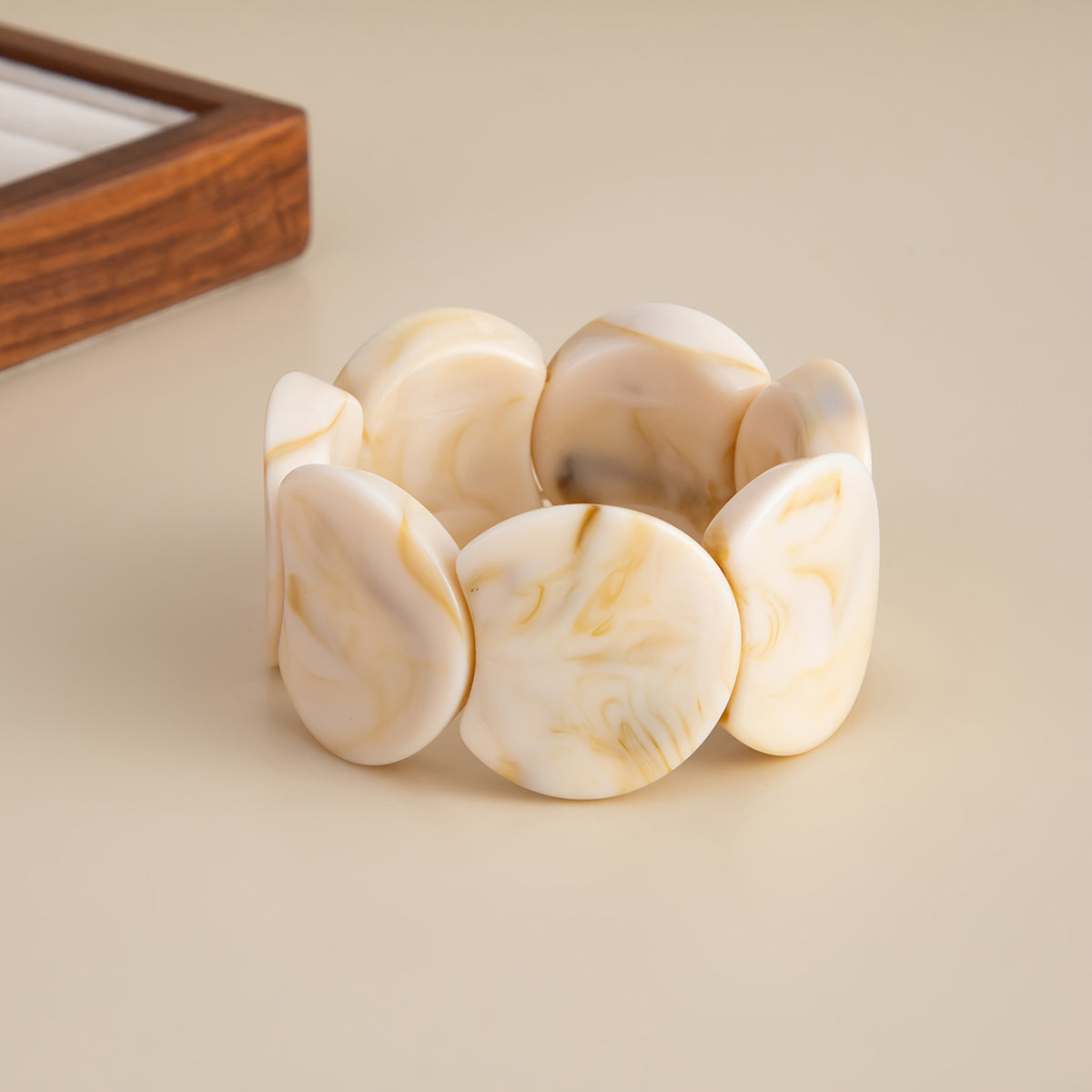 Beige Resin Notched Circular Stretch Bracelet, everyday style, side view