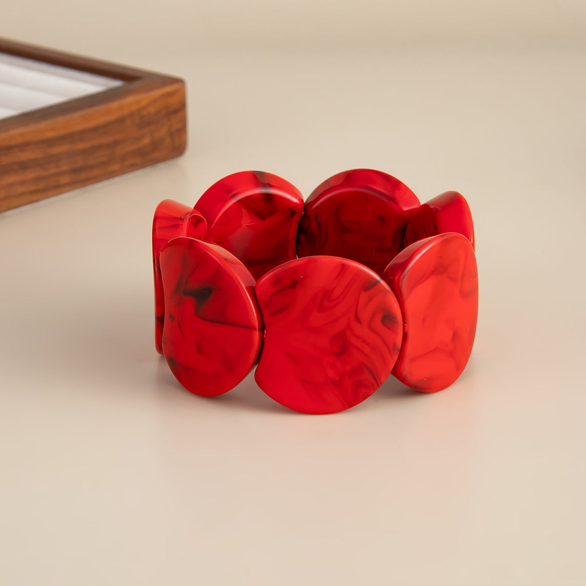 Dark Red Resin Notched Circular Stretch Bracelet, elegant gift for her, side view