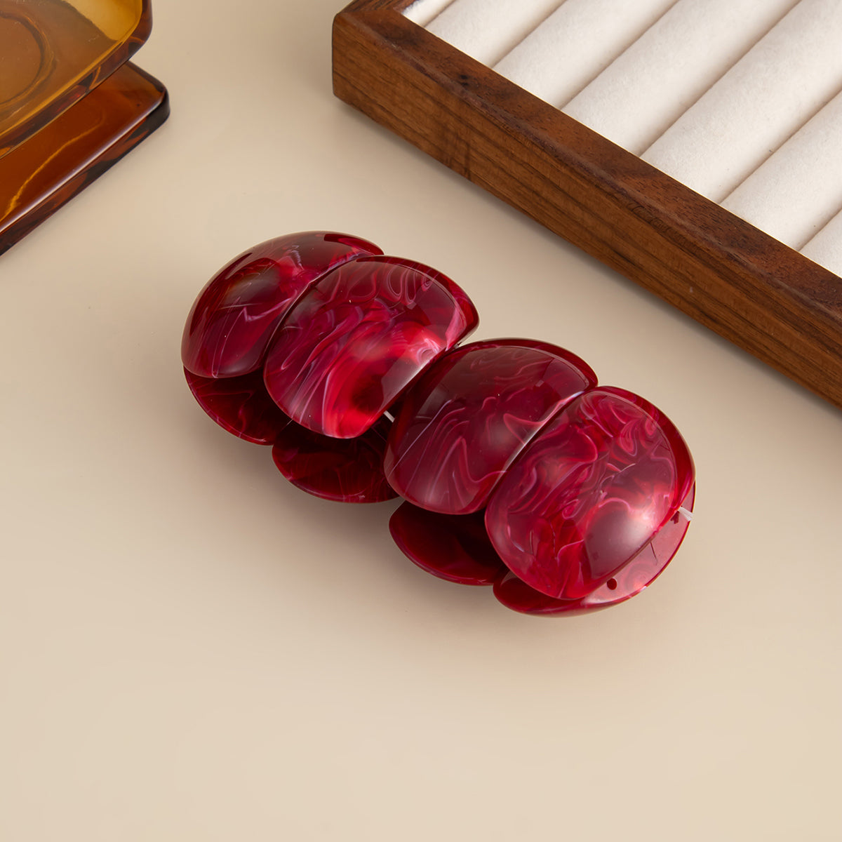 Dark Red Resin Petals Stretch Bracelet, botanical inspired, detail close-up