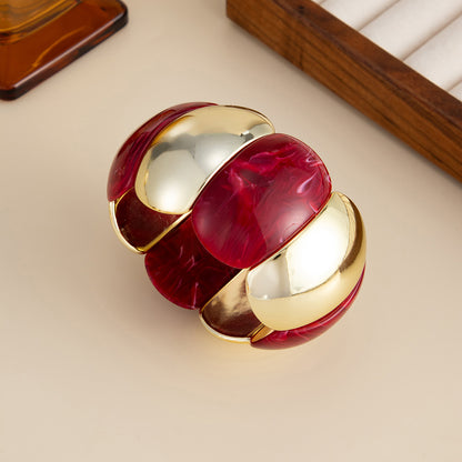 Dark Red Resin and Goldtone Petals Stretch Bracelet, dainty minimalist design, side view