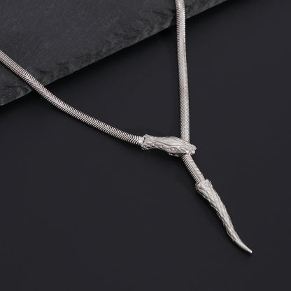 Silvertone Herringbone Chain Snake Lariat Necklace, botanical inspired, side view