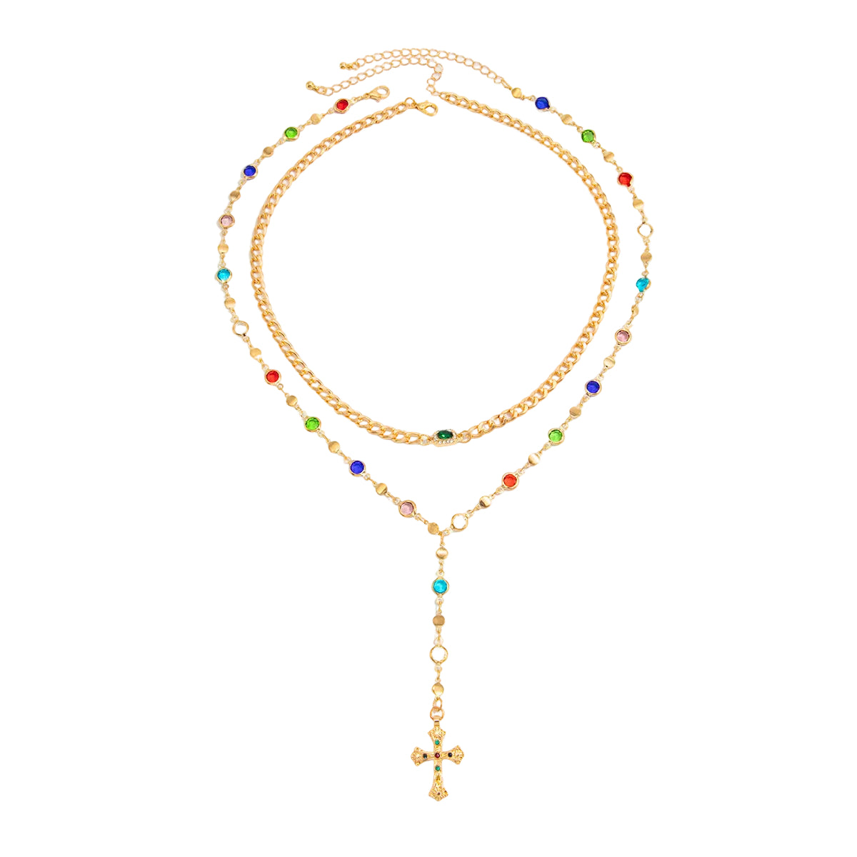 Multi-Colored Crystal and Goldtone Beads Chain Cross Drop Necklace Set, gold pendant necklace for women, front view