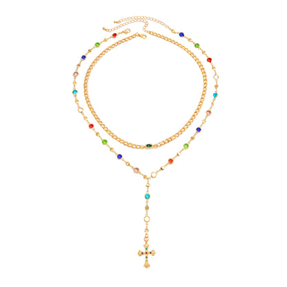 Multi-Colored Crystal and Goldtone Beads Chain Cross Drop Necklace Set, gold pendant necklace for women, front view