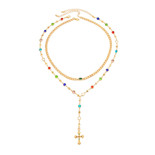 Multi-Colored Crystal and Goldtone Beads Chain Cross Drop Necklace Set, gold pendant necklace for women, front view