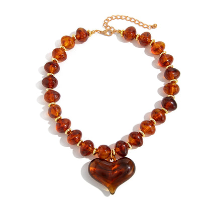 Amber Resin and Goldtone Bead Chain Heart Pendant Necklace, vintage-inspired design, front view