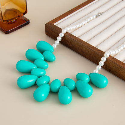 Green Resin and Pearl Silvertone Drops Collar Necklace, vintage-inspired design, side view
