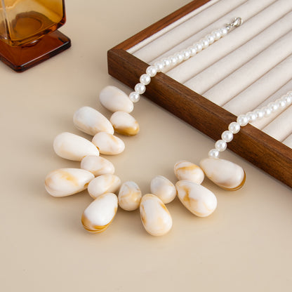 Beige Resin and Pearl Silvertone Drops Collar Necklace, dainty minimalist design, side view