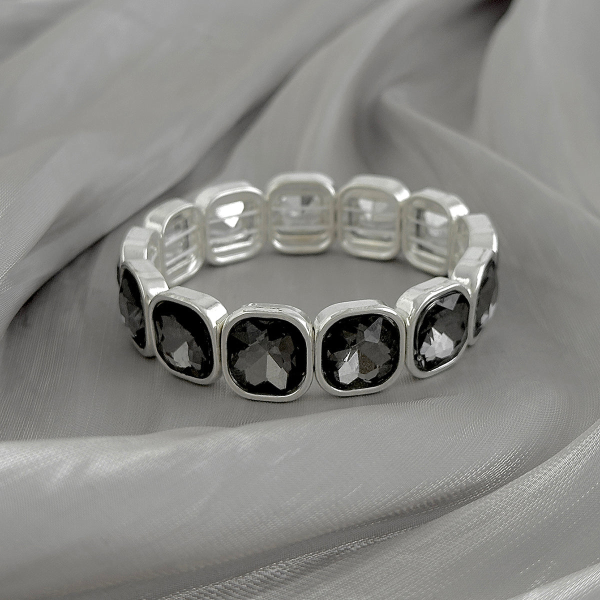 Crystal and Silvertone Square Station Tennis Bracelet, botanical inspired, side view