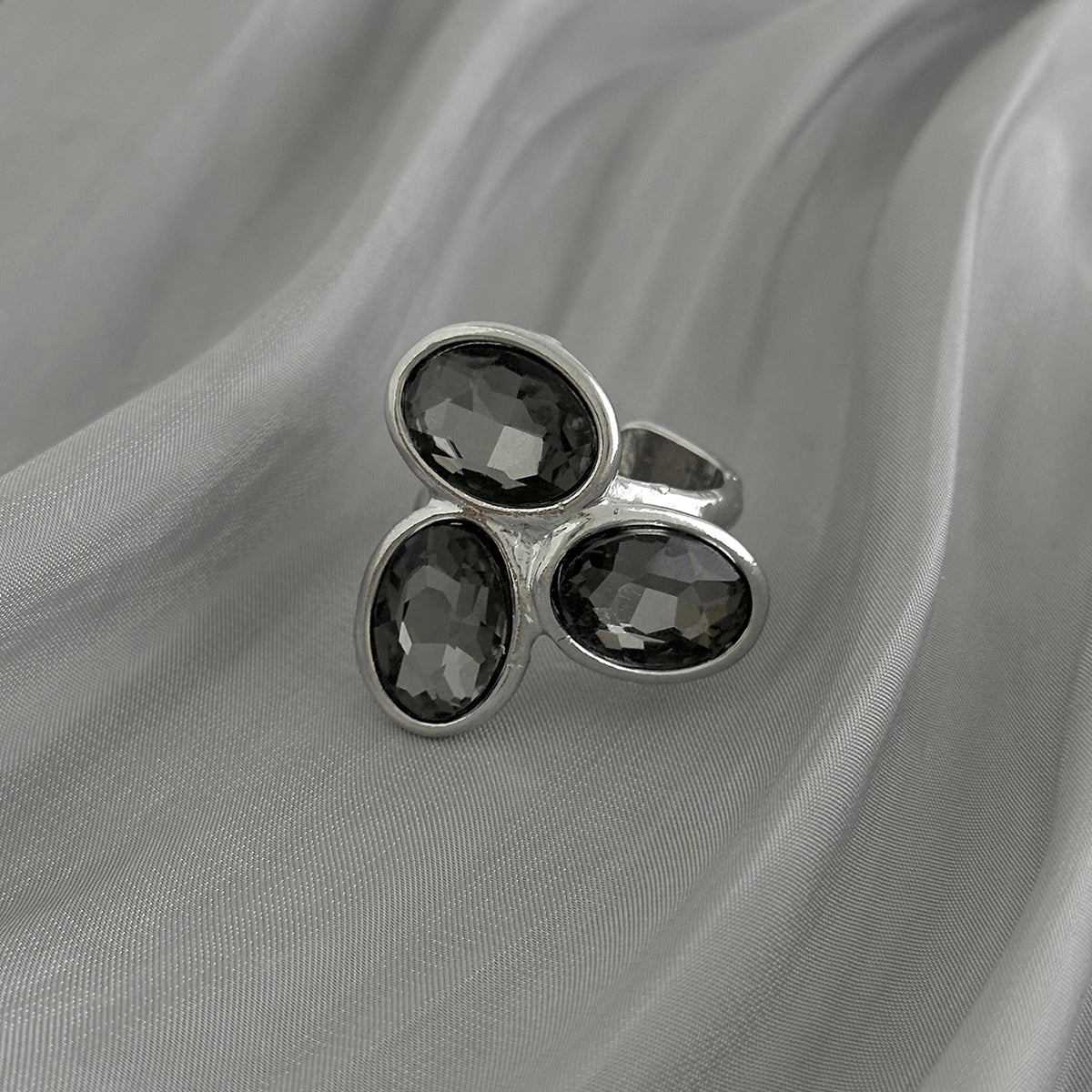 Gray Crystal and Silvertone Tri-Oval Open Ring, elegant gift for her, side view