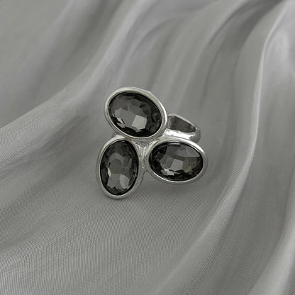 Gray Crystal and Silvertone Tri-Oval Open Ring, elegant gift for her, side view