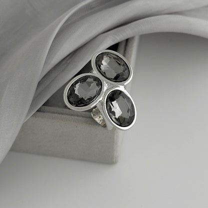 Gray Crystal and Silvertone Tri-Oval Open Ring, elegant gift for her, detail close-up