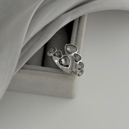 Gray Crystal and Silvertone Linked Heart Bypass Ring, dainty minimalist design, detail close-up
