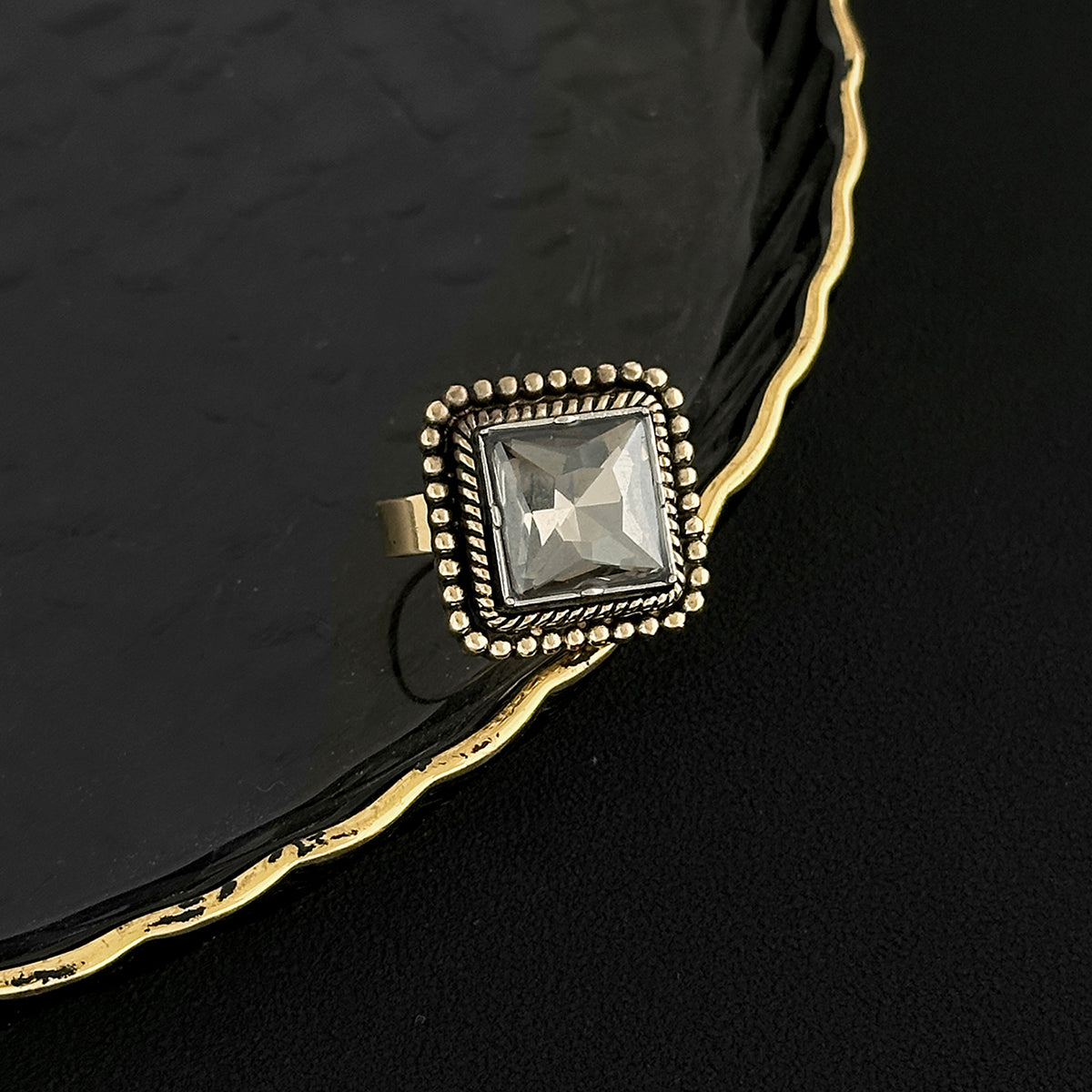 Crystal and Goldtone Radiant-Cut Twine Square Open Ring, elegant gift for her, side view