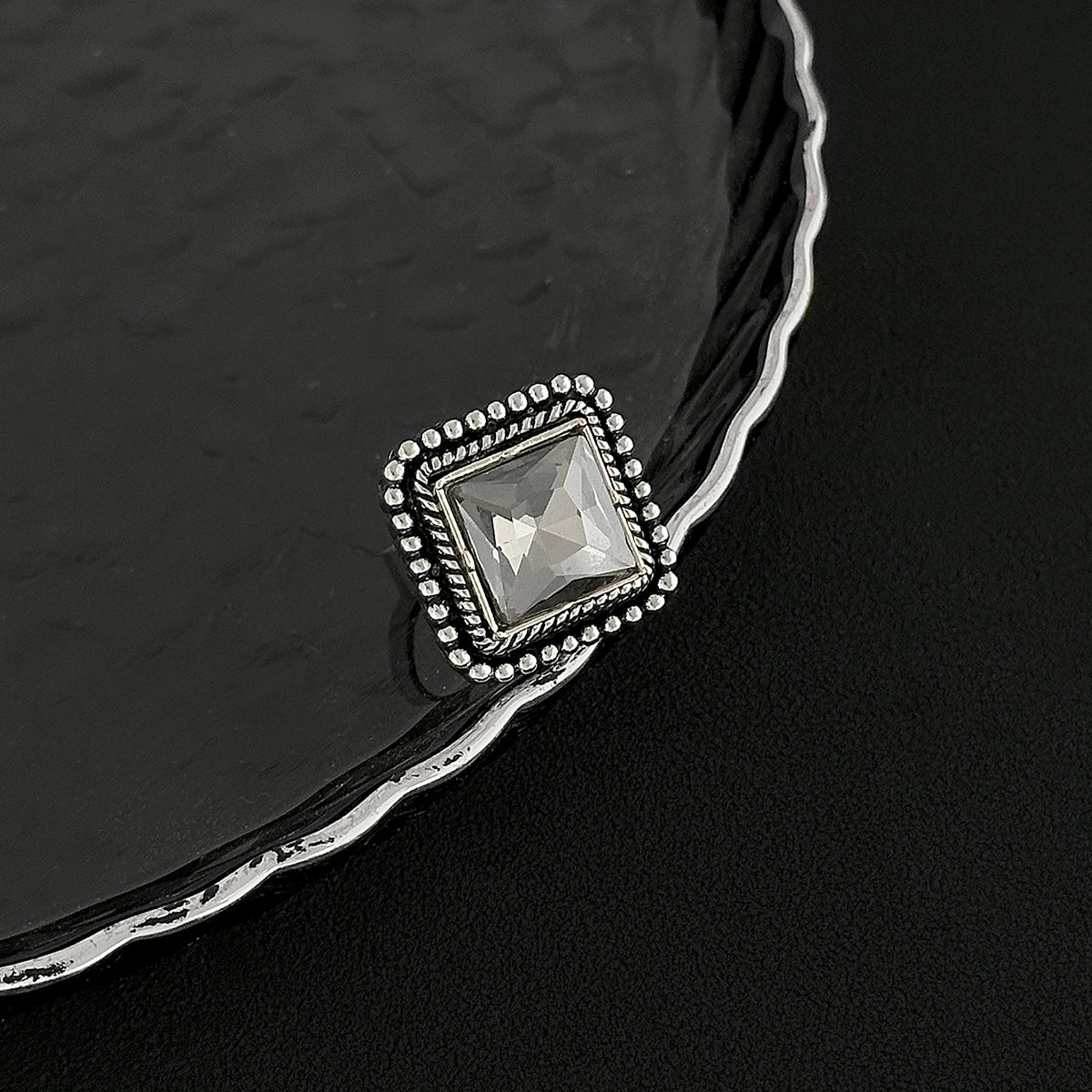 Crystal and Silvertone Radiant-Cut Twine Square Open Ring, everyday style, side view