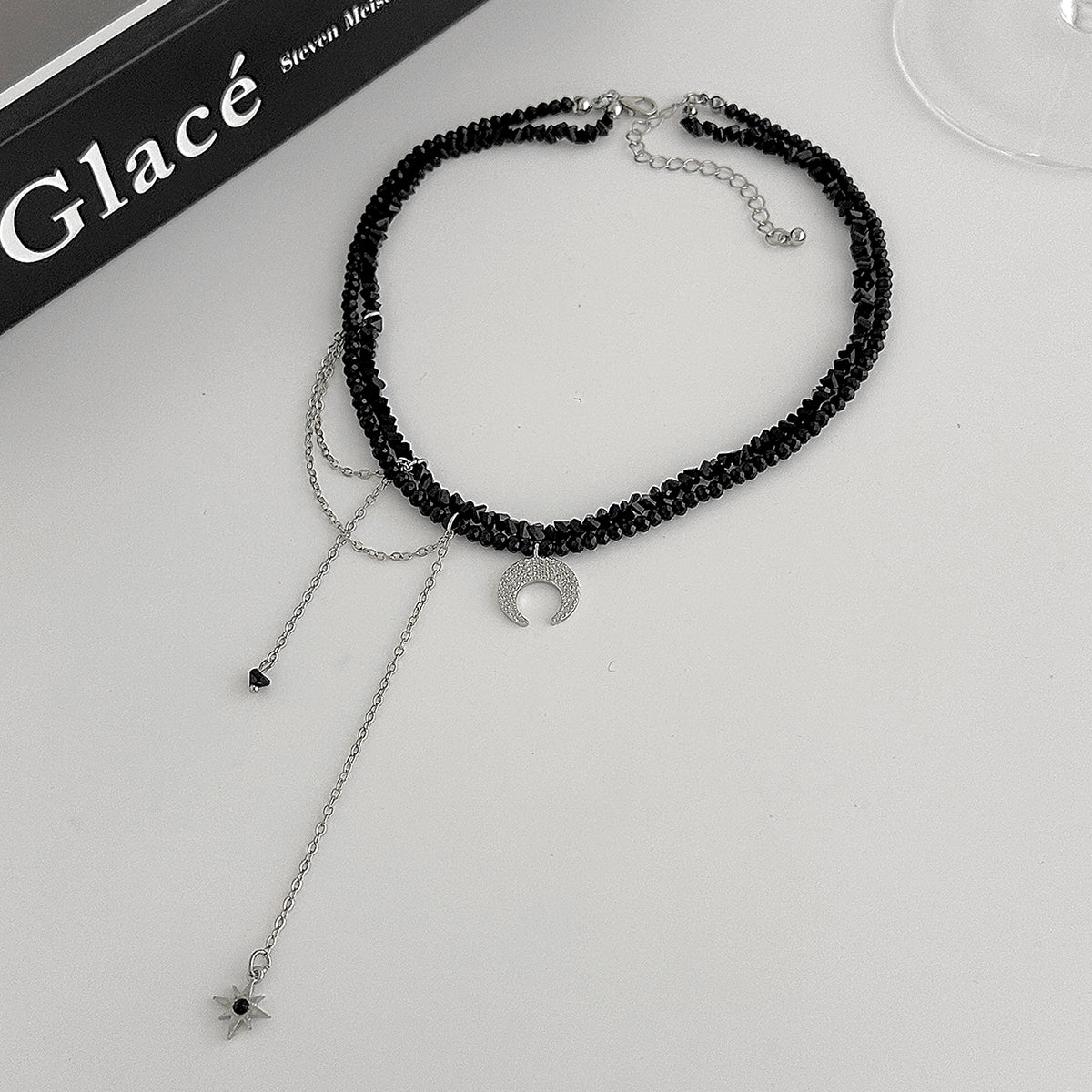 Black Acrylic and Silvertone Hammered Moon Pendant Tassel Necklace, elegant gift for her, side view