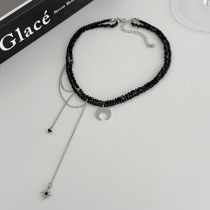Black Acrylic and Silvertone Hammered Moon Pendant Tassel Necklace, elegant gift for her, side view