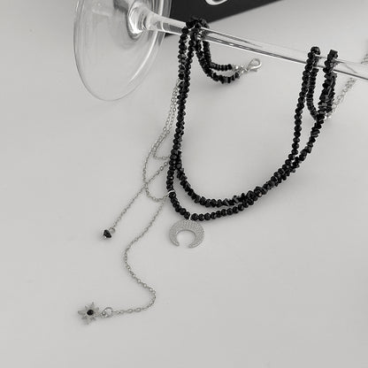 Black Acrylic and Silvertone Hammered Moon Pendant Tassel Necklace, elegant gift for her, detail close-up