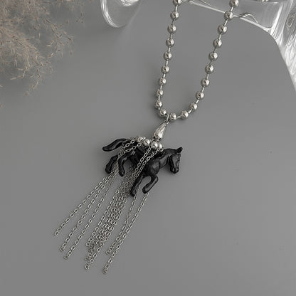 Black Acrylic and Silvertone Horse Pendant Ball Chain Necklace, botanical inspired, side view