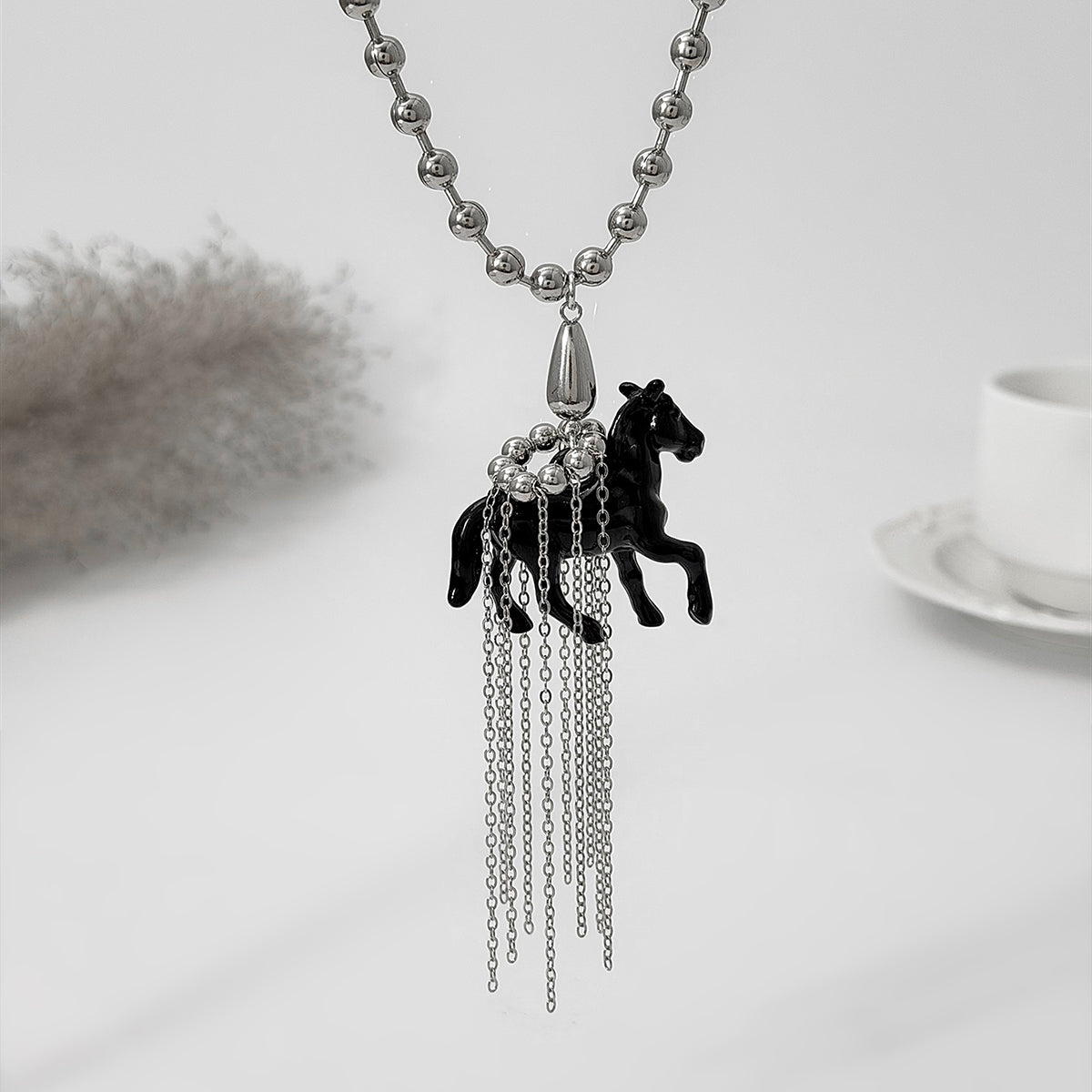 Black Acrylic and Silvertone Horse Pendant Ball Chain Necklace, botanical inspired, detail close-up