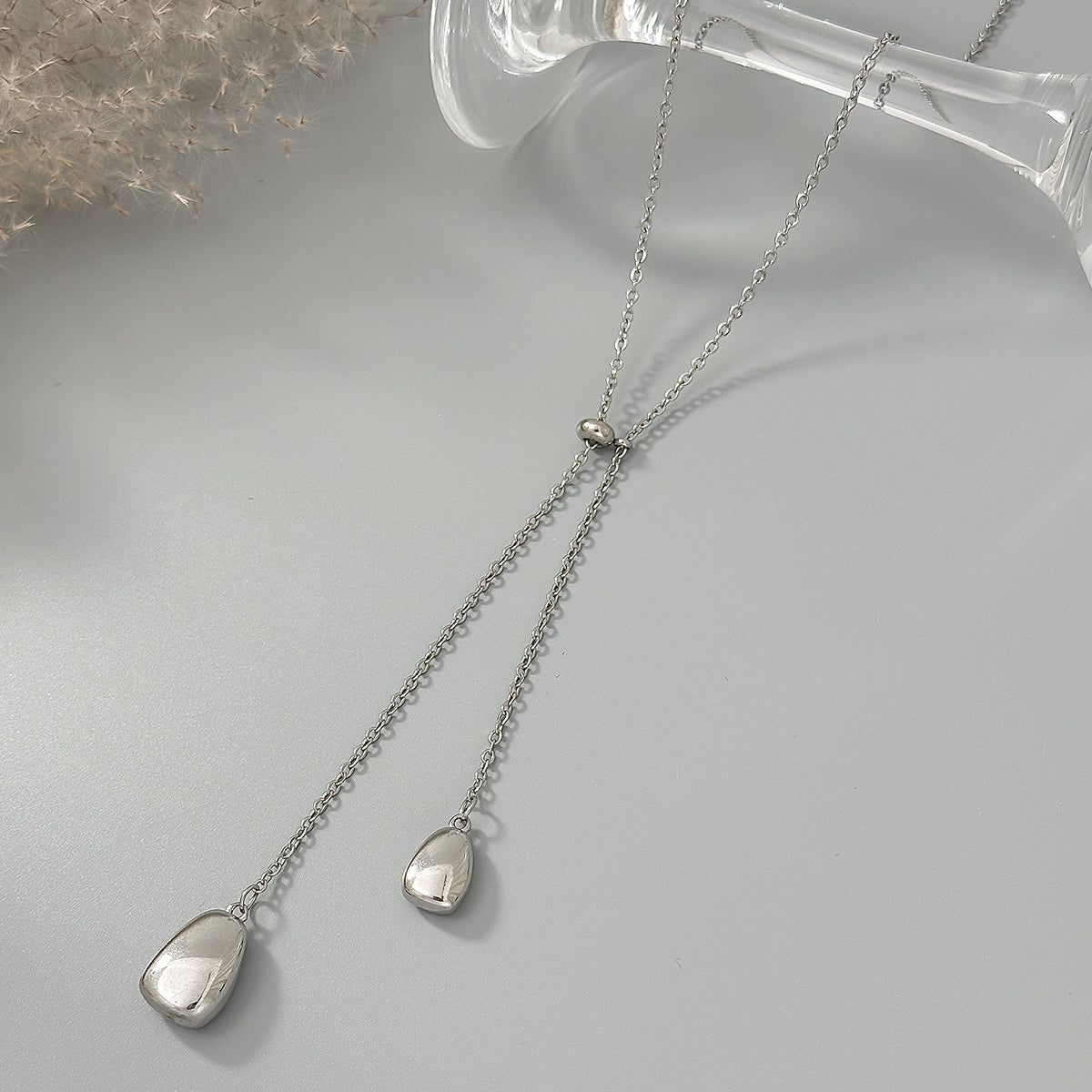 Silvertone Dual-Drop Lariat Necklace, dainty minimalist design, detail close-up