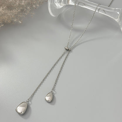 Silvertone Dual-Drop Lariat Necklace, dainty minimalist design, detail close-up
