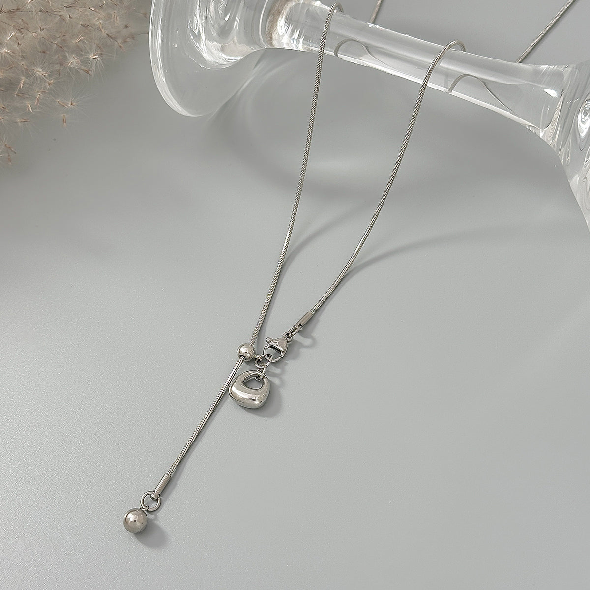Silvertone Open Drop Lariat Necklace, dainty minimalist design, side view