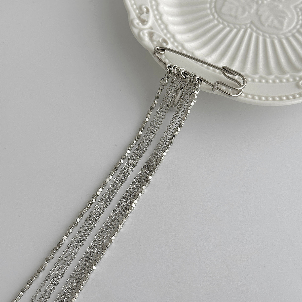 Silvertone Drop Tassel Pin Brooch, elegant gift for her, lifestyle look