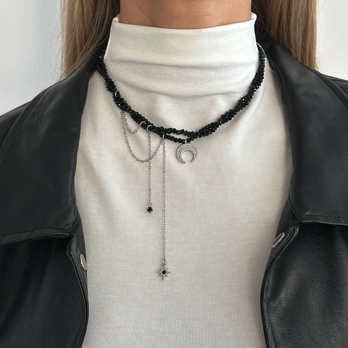 Black Acrylic and Silvertone Hammered Moon Pendant Tassel Necklace, elegant gift for her, lifestyle look