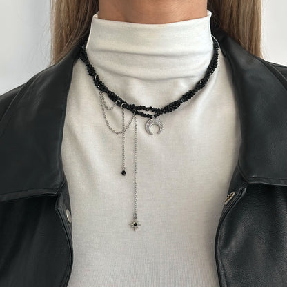 Black Acrylic and Silvertone Hammered Moon Pendant Tassel Necklace, elegant gift for her, lifestyle look