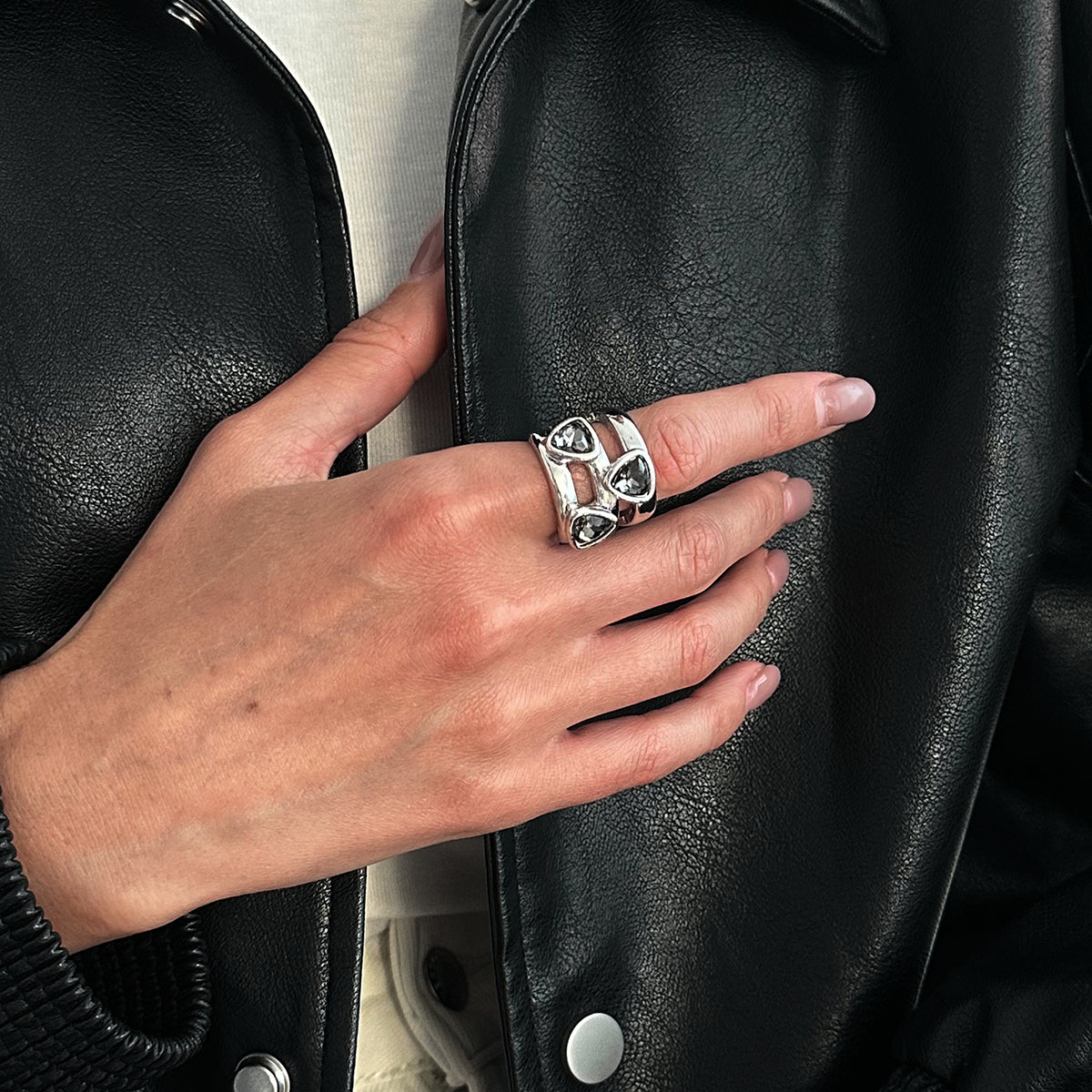 Gray Crystal and Silvertone Triangle Cluster Layered Open Ring, vintage-inspired design, styled look