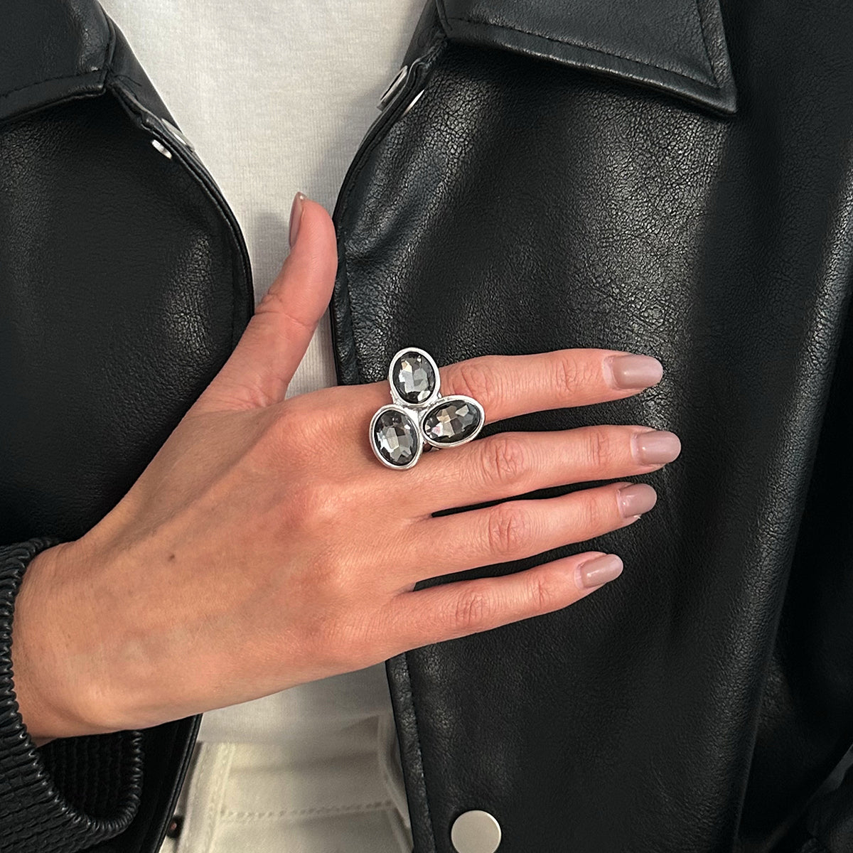 Gray Crystal and Silvertone Tri-Oval Open Ring, elegant gift for her, styled look
