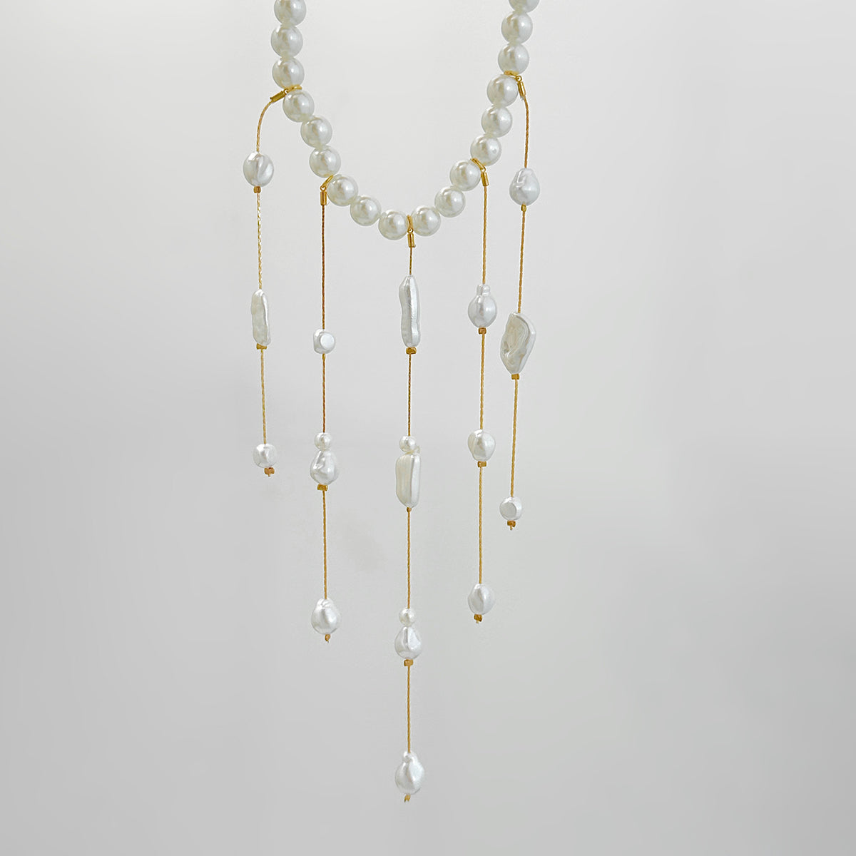 Pearl and Goldtone Tassel Collar Necklace, elegant gift for her, detail close-up
