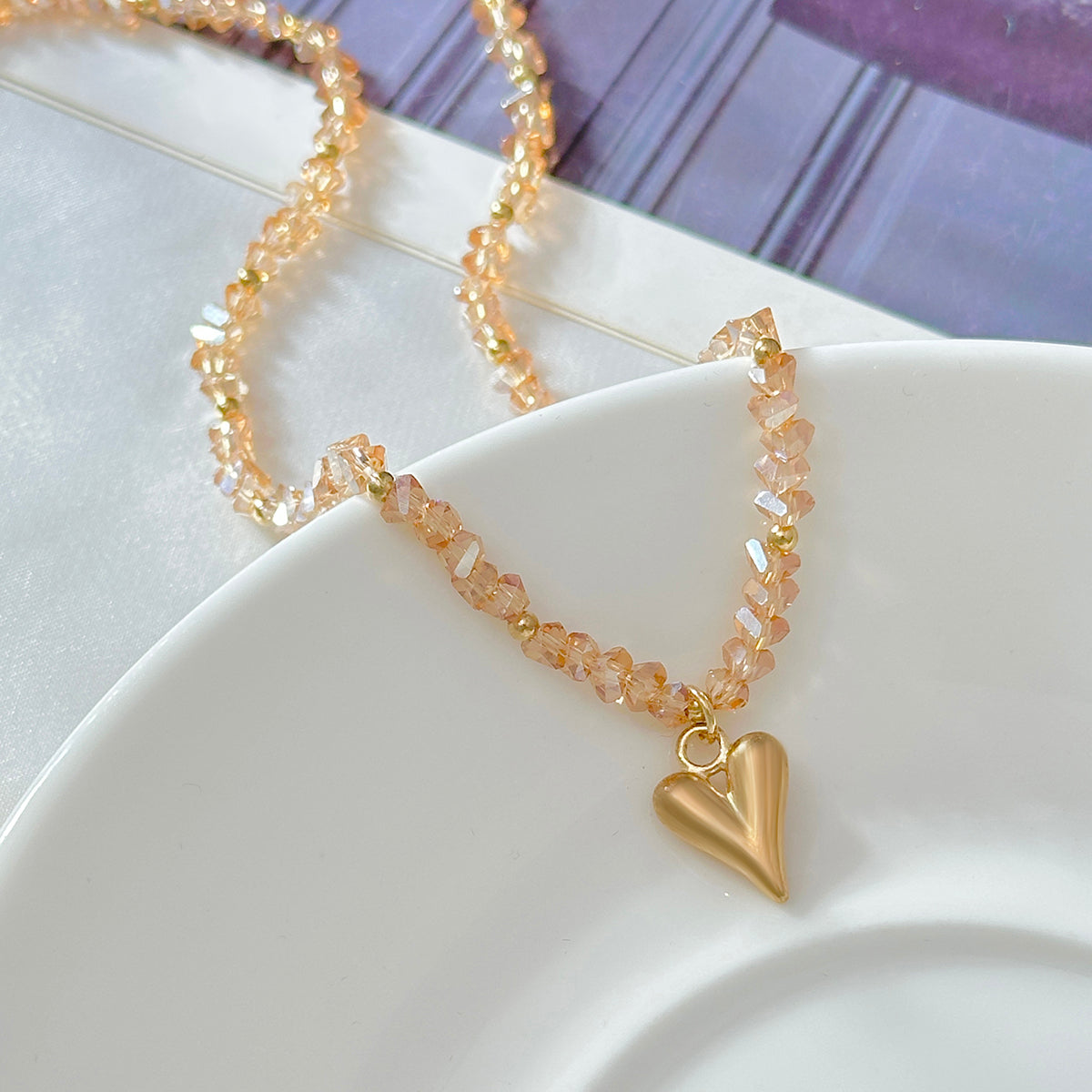 Champagne Acrylic and Goldtone Heart Pendant Necklace, botanical inspired, detail close-up