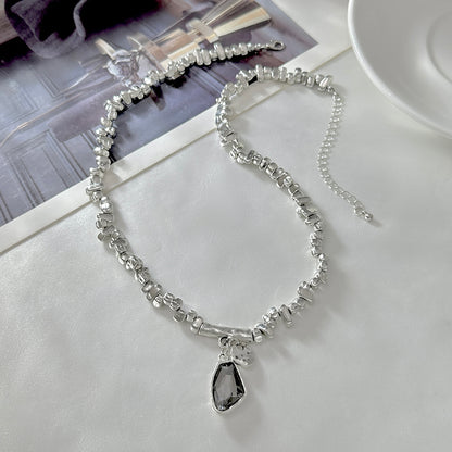 Crystal and Silvertone Irregular Bead Pendant Necklace, botanical inspired, side view