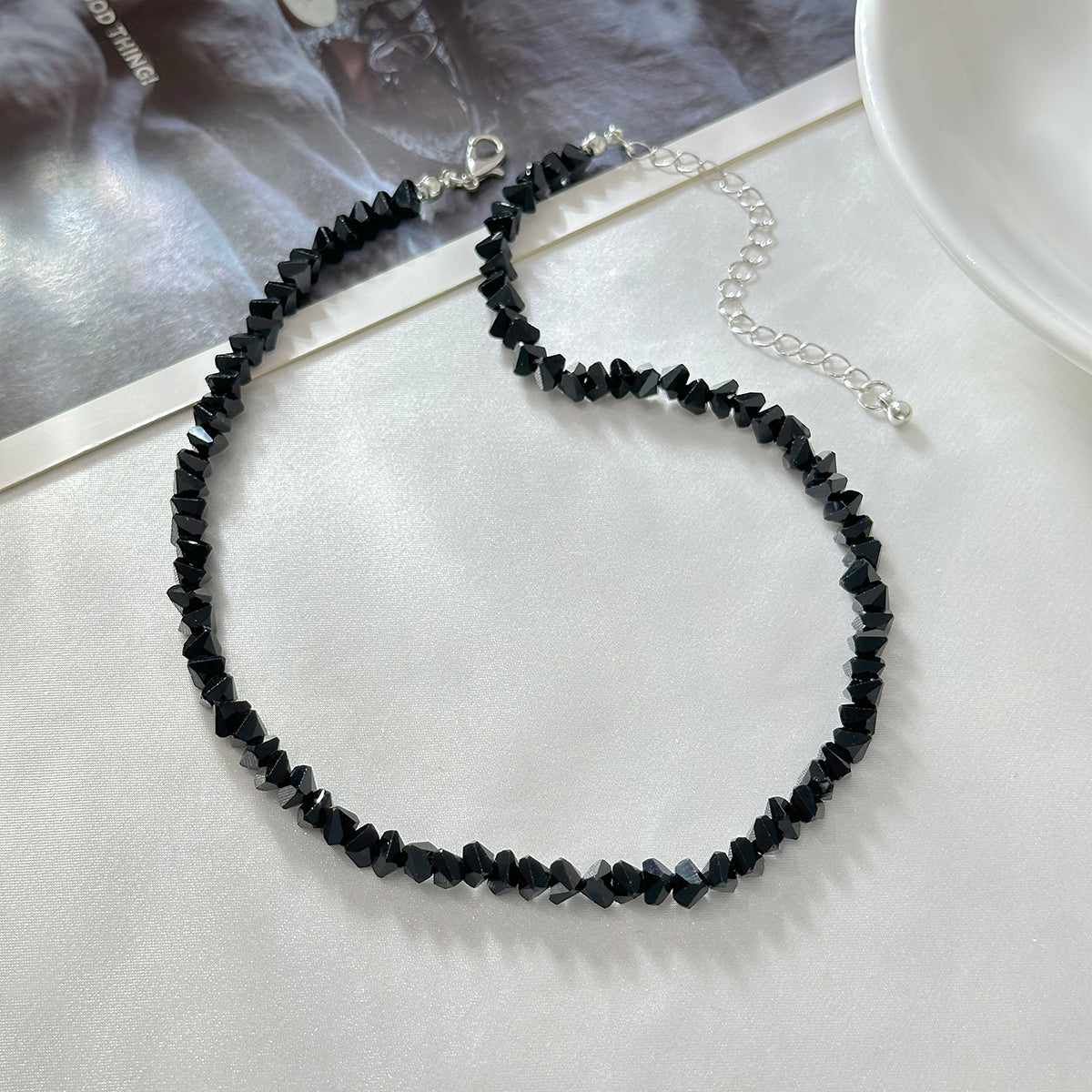 Black Acrylic and Silvertone Beaded Collar Necklace, elegant gift for her, side view