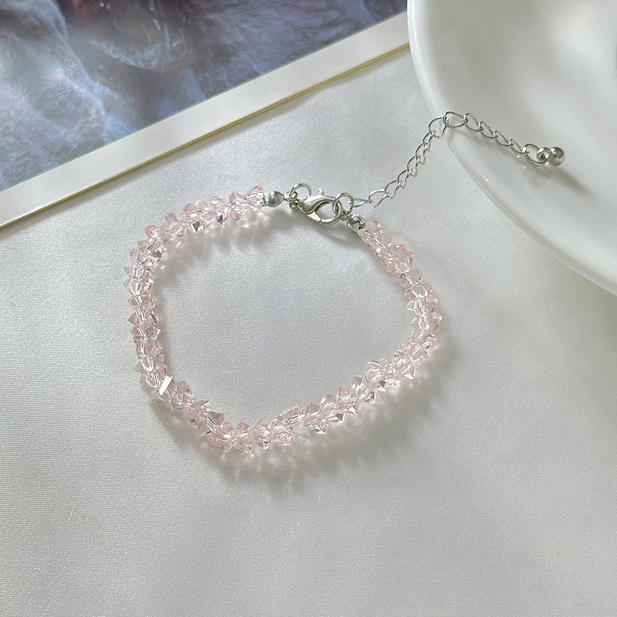 Pink Resin and Silvertone Irregular Beads Link Bracelet, silver bracelet for women, botanical inspired, side view